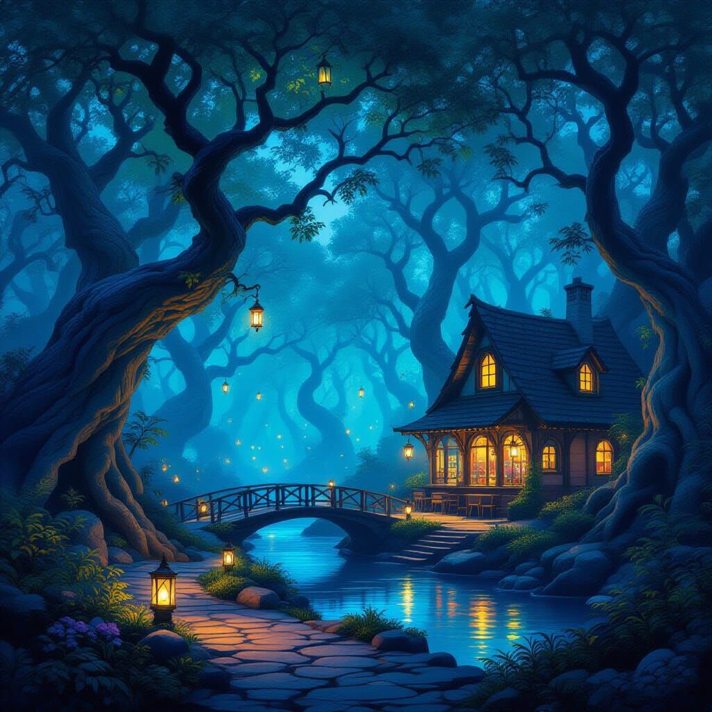 Ethereal Fluorescent Forest Path to a Cozy Cafe