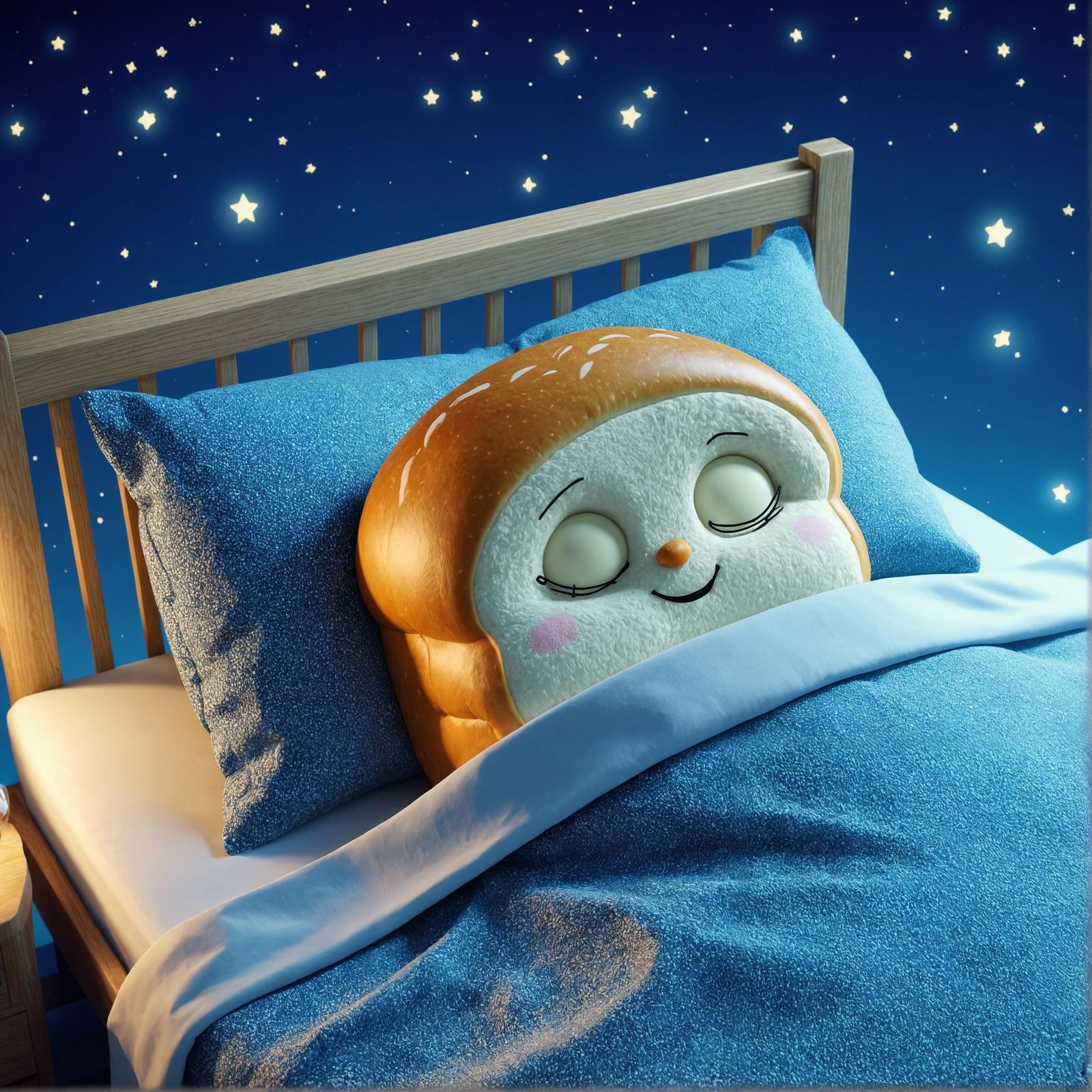 Peaceful Cartoon Loaf Sleeping in Bed at Night