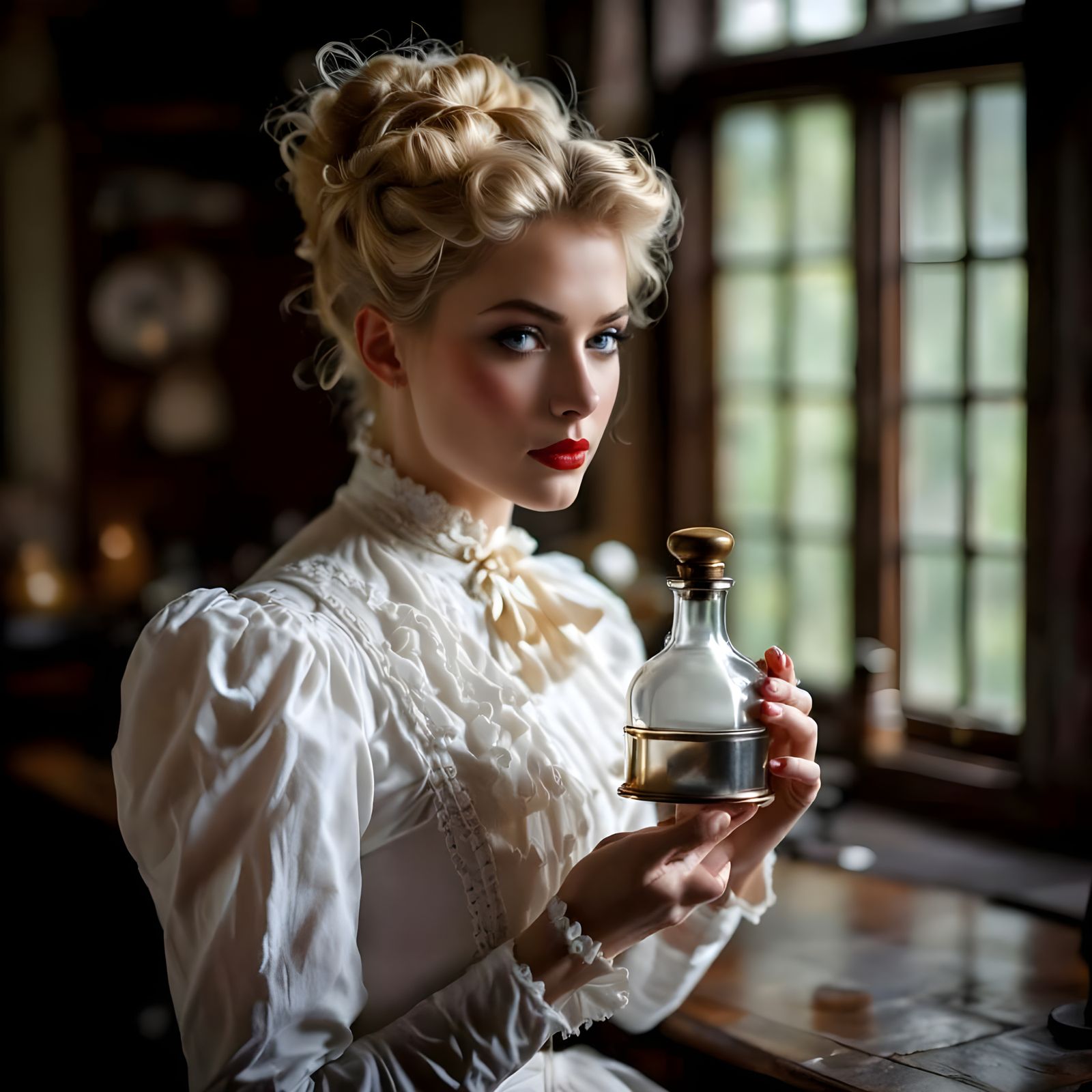 Edwardian Woman with Poison in Victorian Lab