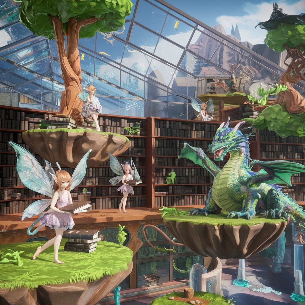 Anime Fantasy Library with Fairies and Dragons