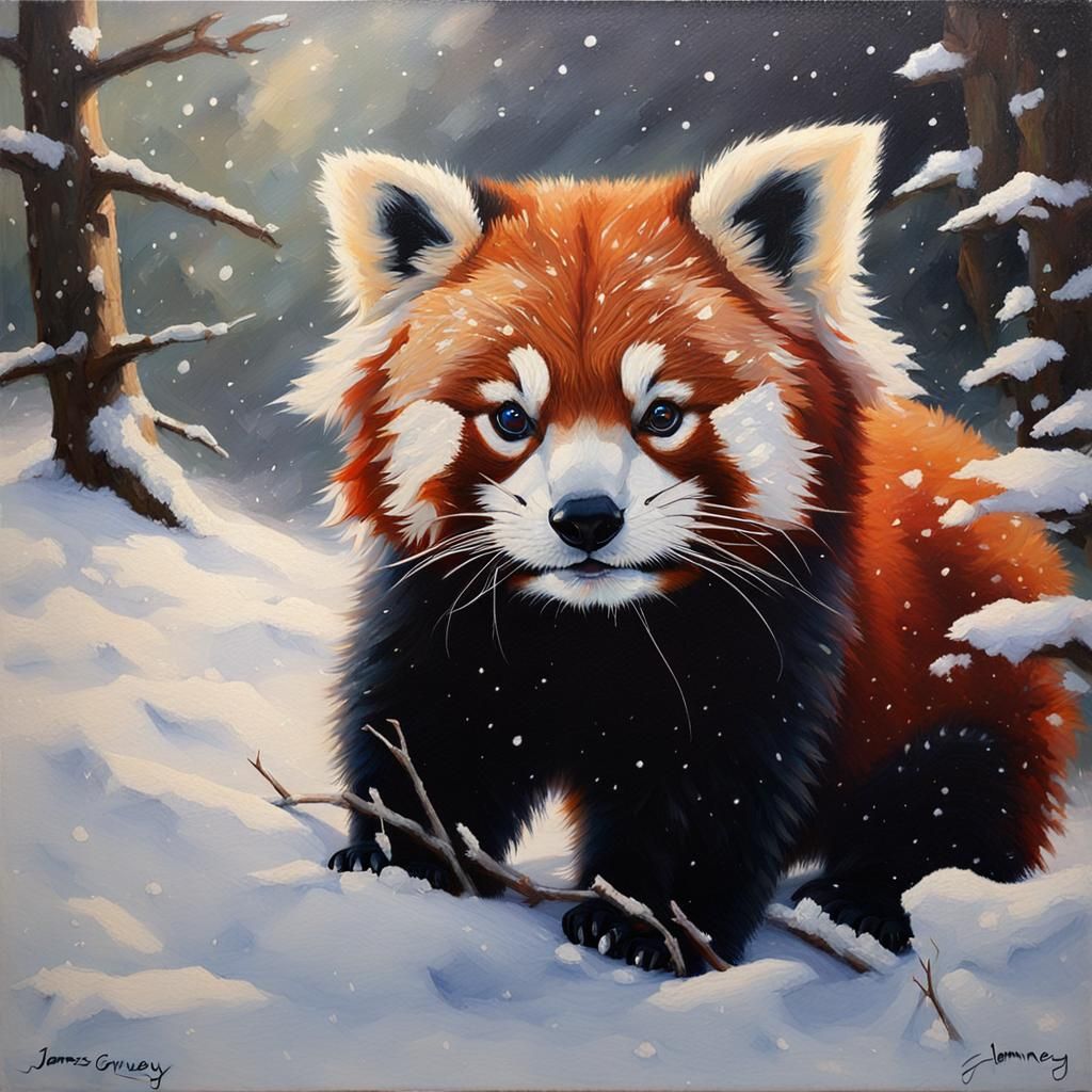 Cute Red Panda in Snow, Oil Painting