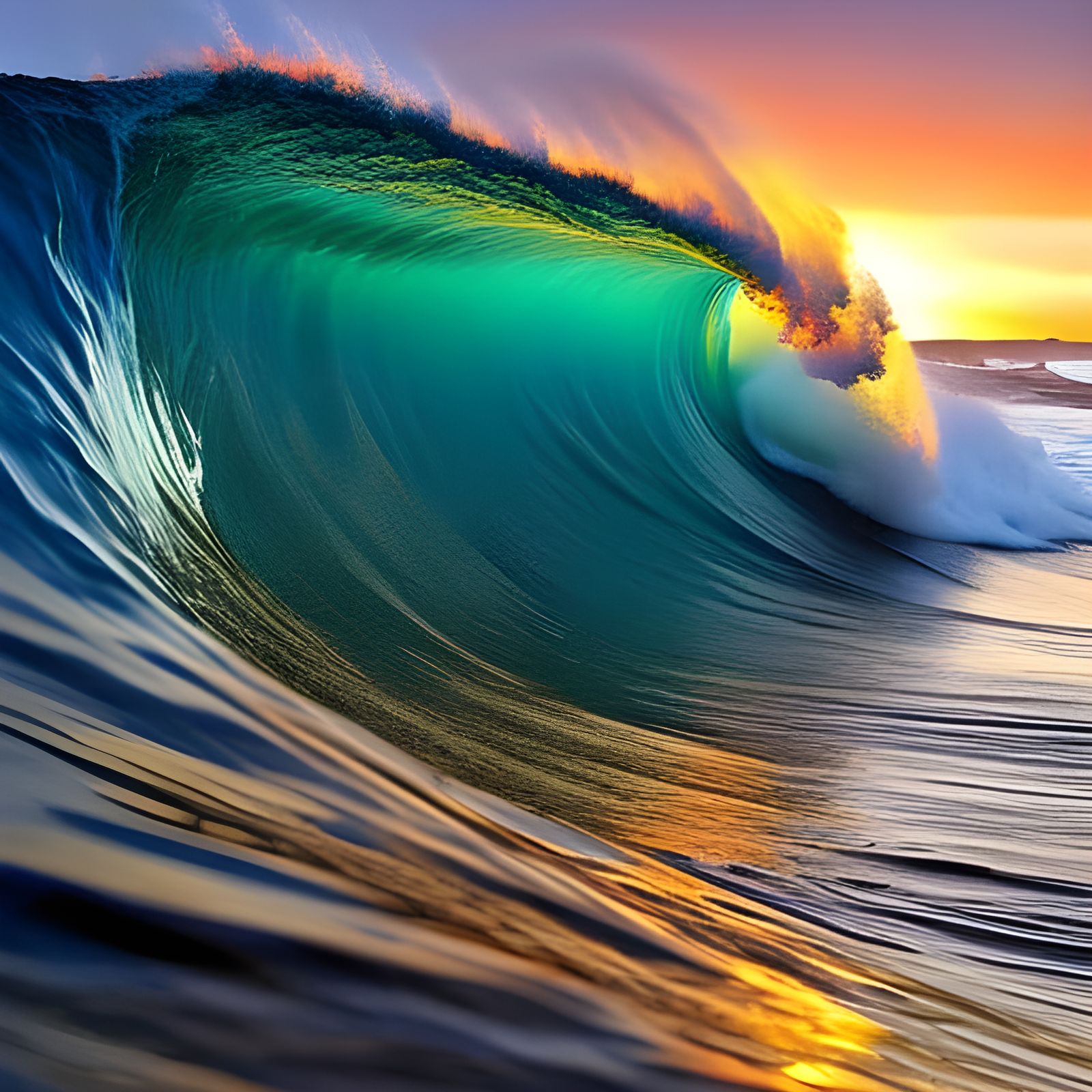 Hyperrealistic Sunset Wave Barrel with Coral