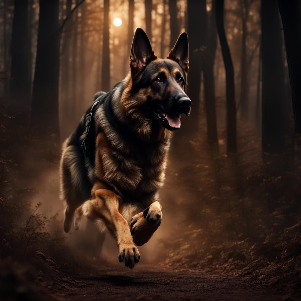German Shepherd Runs Through Woods: Digital Painting