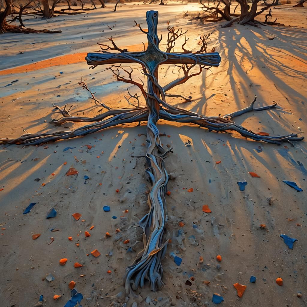 Surreal Desert Cross in Oil Painting Style