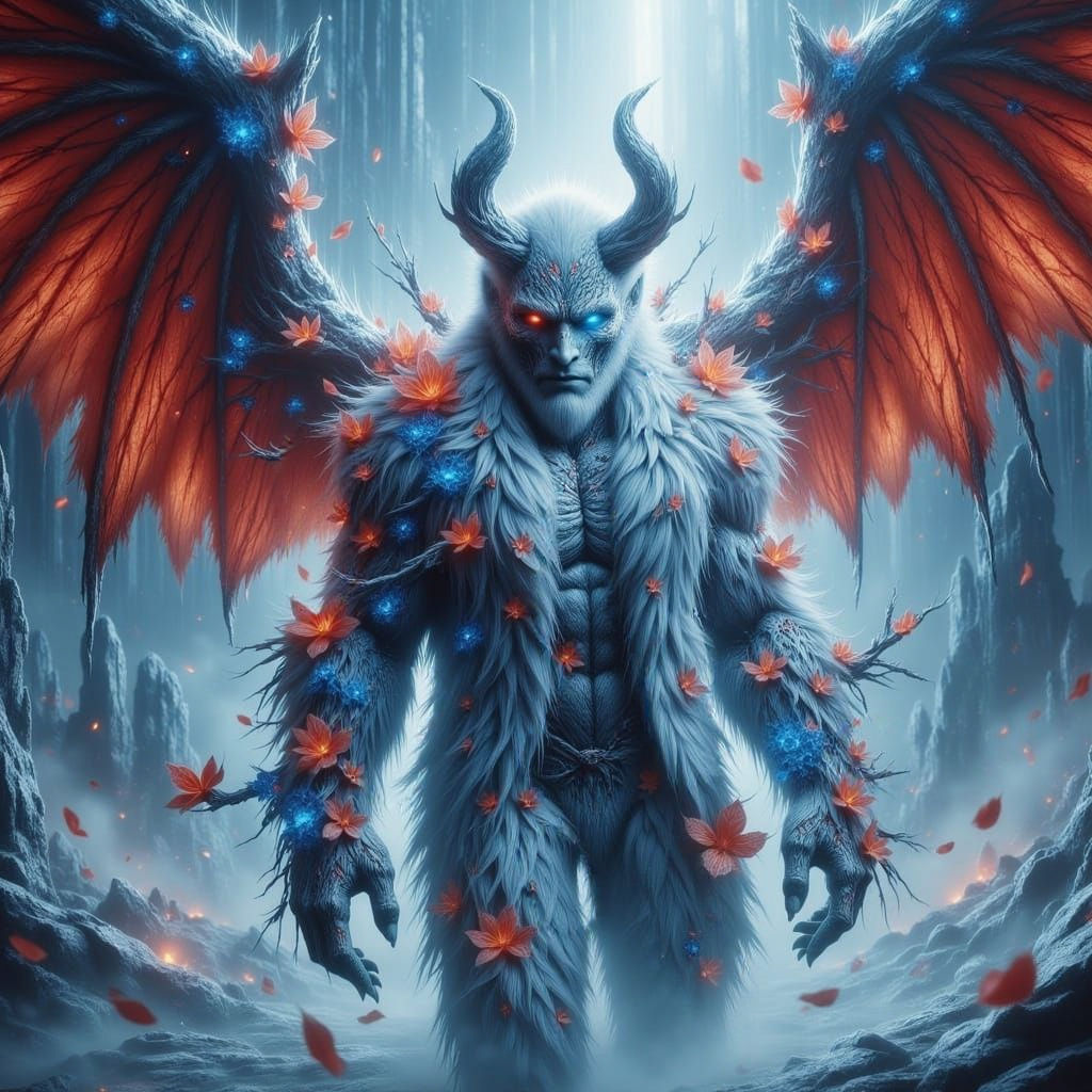 Man Enveloped in Whimsical Yeti Fur, Surrounded by Vibrant F...