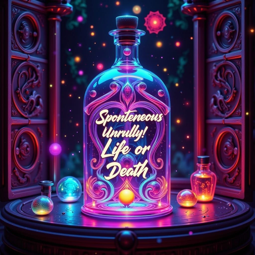 Vibrant Fae Potion in a Futuristic Wooden Shelf