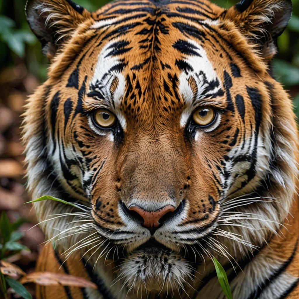 Tiger Face Close-up in Jungle, Macro Photography