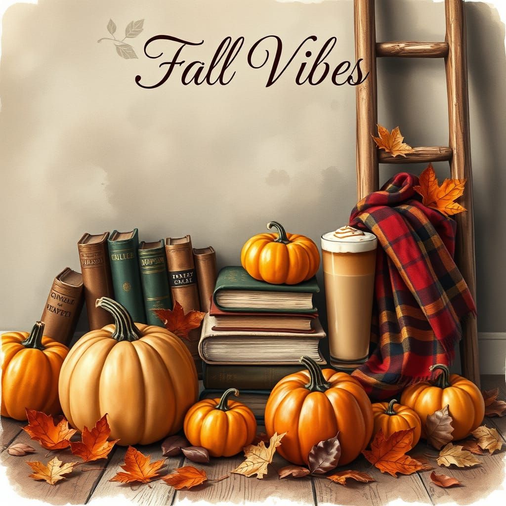 A watercolor-style illustration of a cozy autumn scene. There's a stack of vintage books, several pumpkins of varying si...