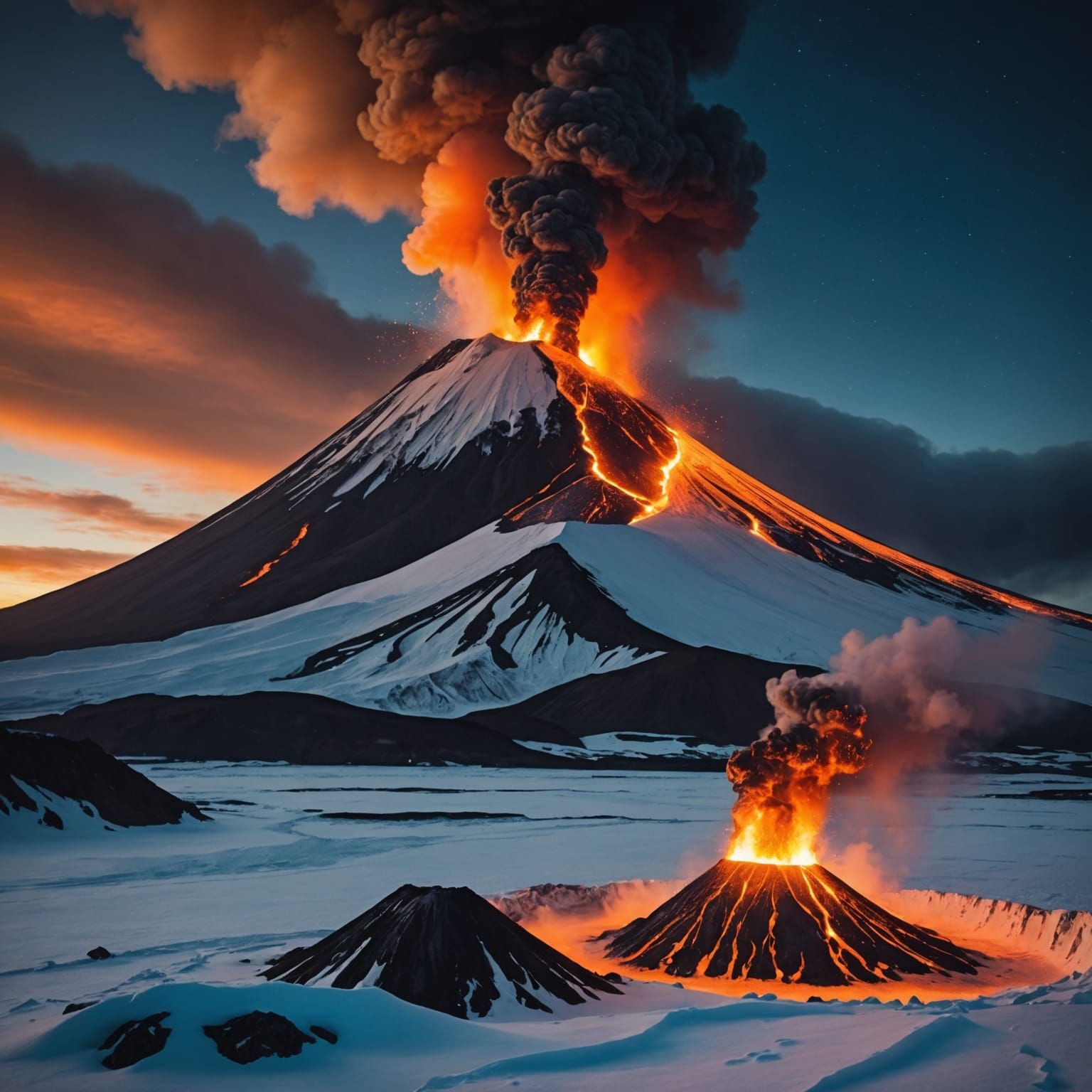 Volcano Erupts Over Frozen Landscape