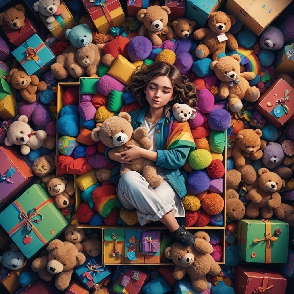 Girl in Rainbow Closet with Teddy Bear: Fantasy Art