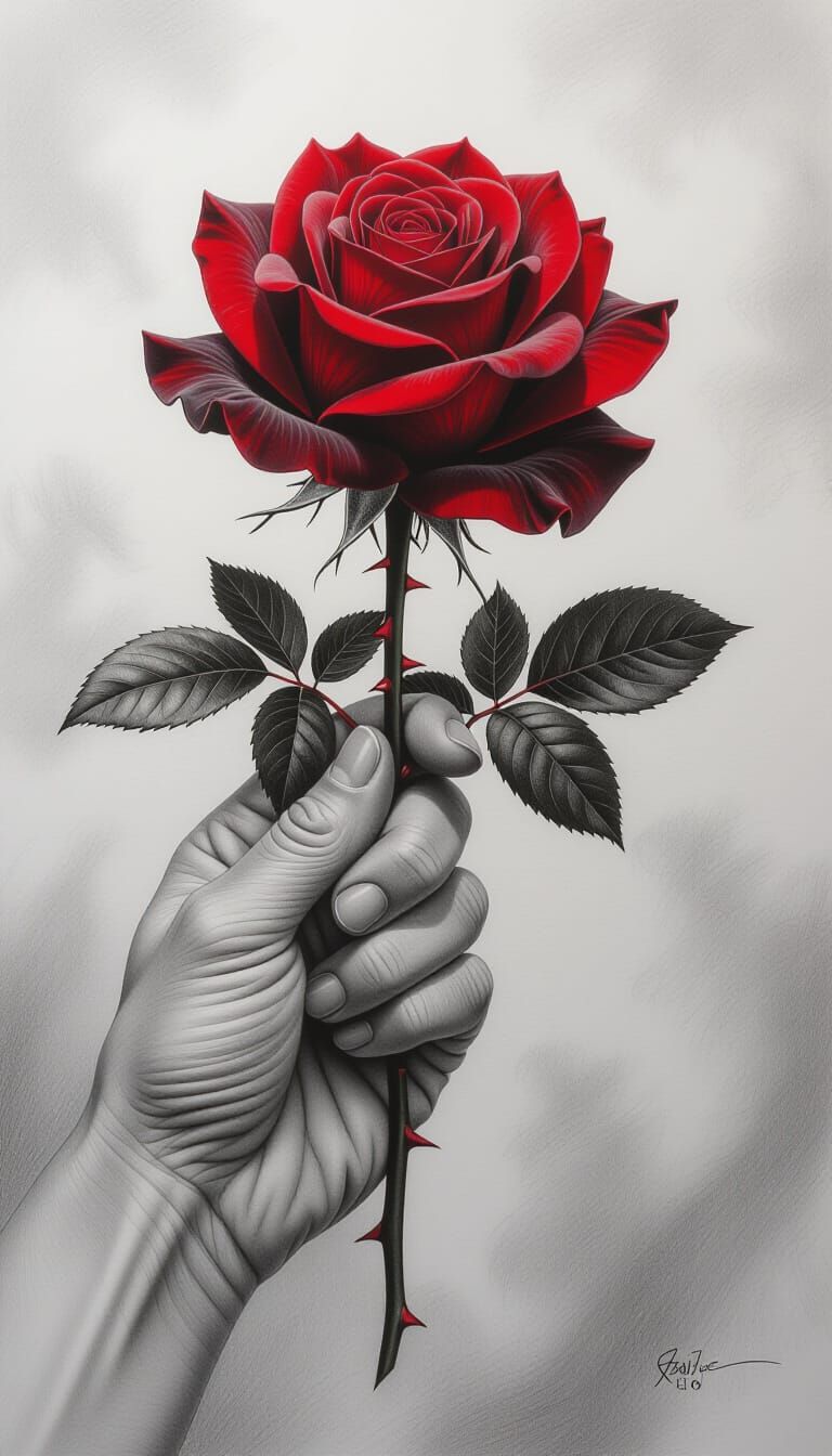 Hyper-Realistic Pencil Sketch: Hand Holding Black and Red Ro...