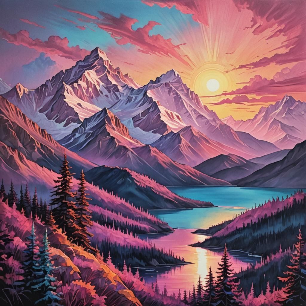 Vaporwave Sunrise Over Canadian Rockies Oil Painting