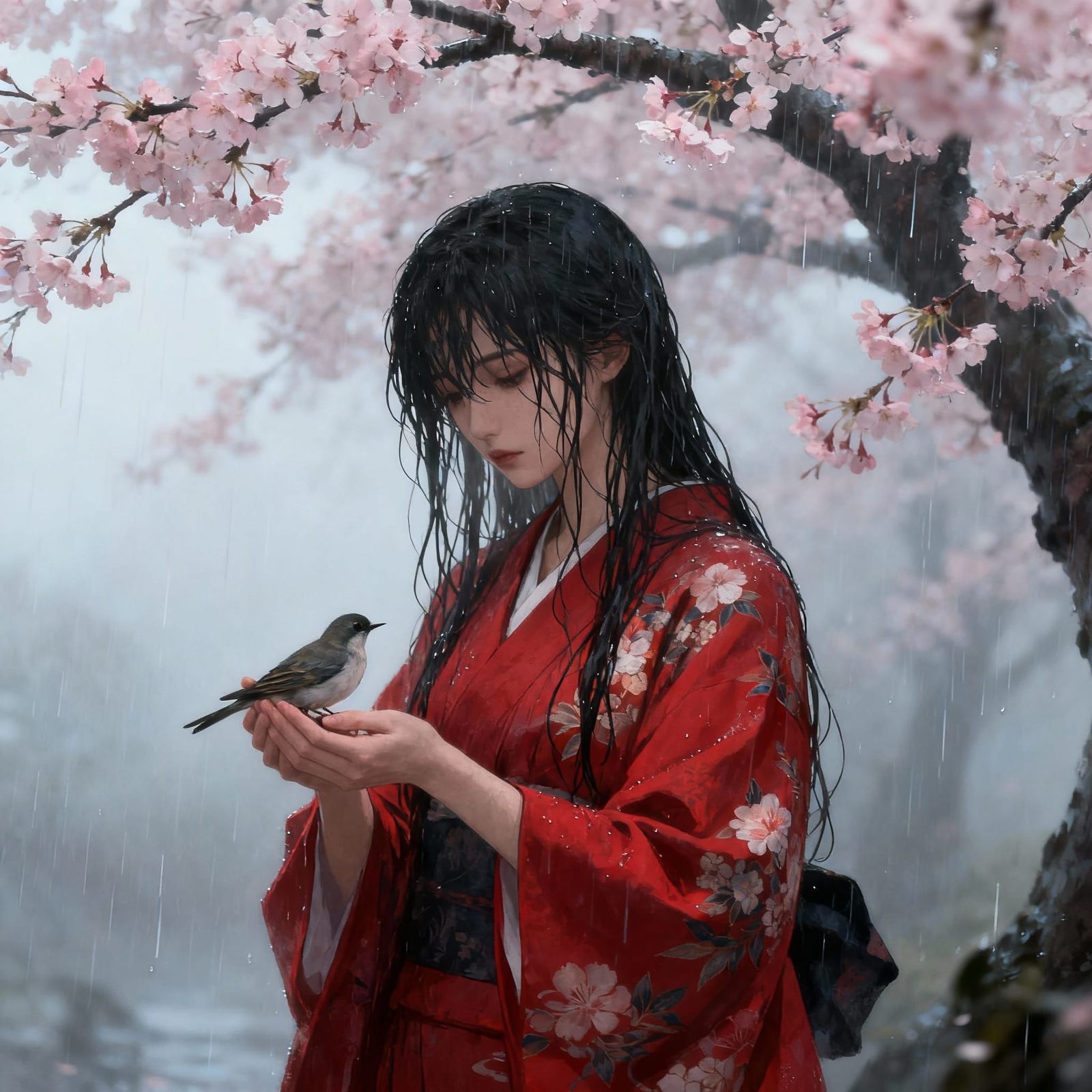 Woman in Red Kimono Under Cherry Blossoms in Gentle Rain