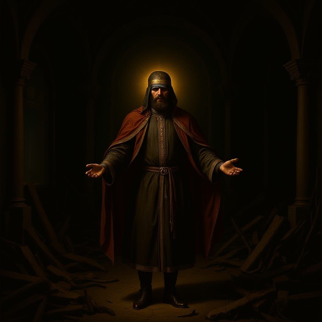 Levitating Priest in Ruined Chapel, Renaissance Style