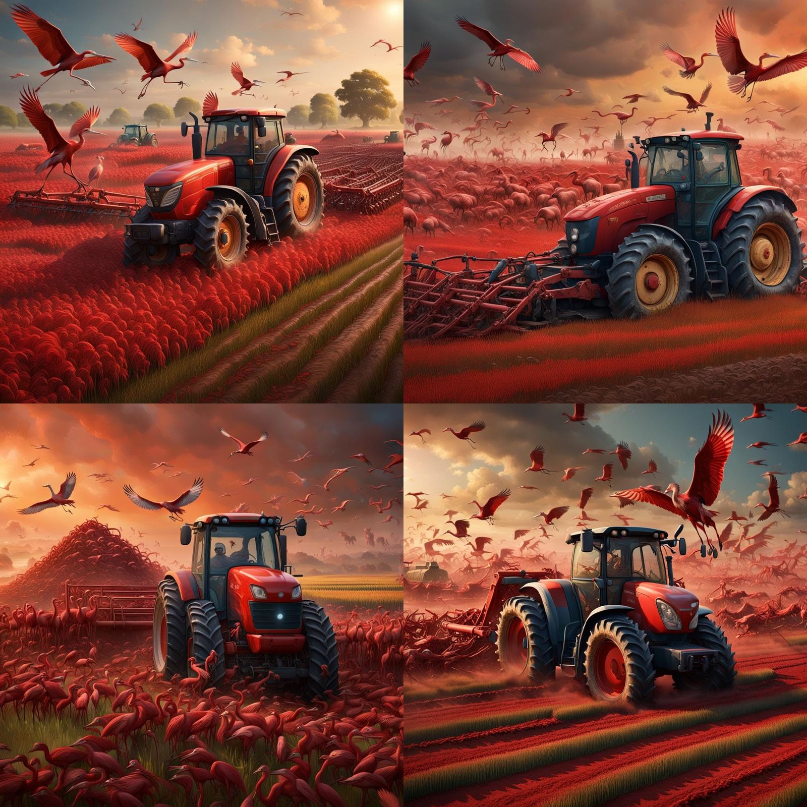 Red Herons Observe Tractor in Detailed Matte Painting
