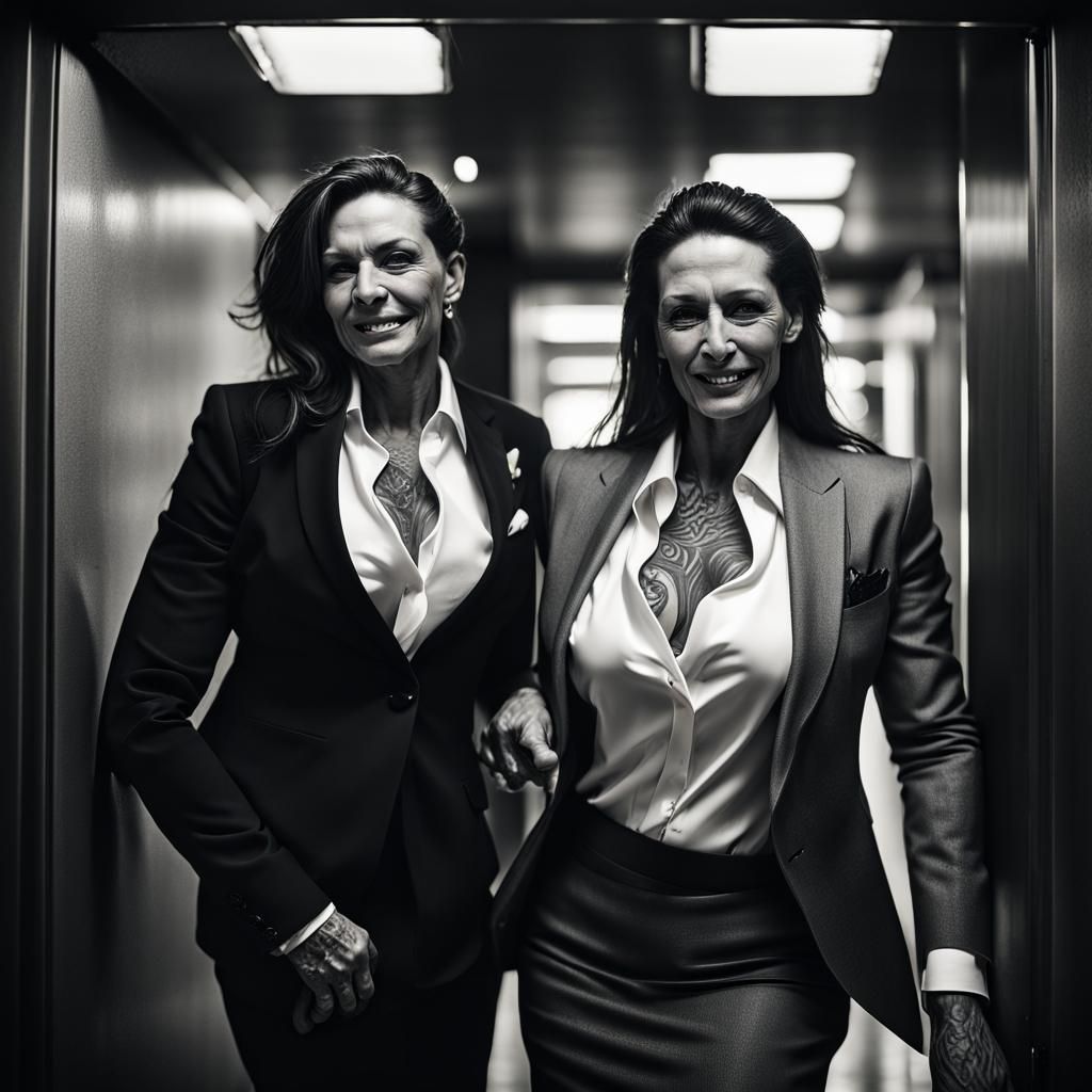 Female Bodybuilders in an Elevator, Close-Up Portrait