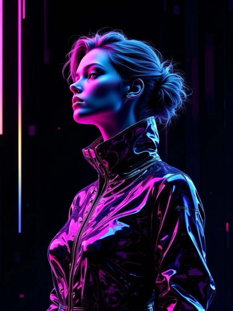 Surreal Cyberpunk Goddess in Neon-Drenched, High-Tech Armor