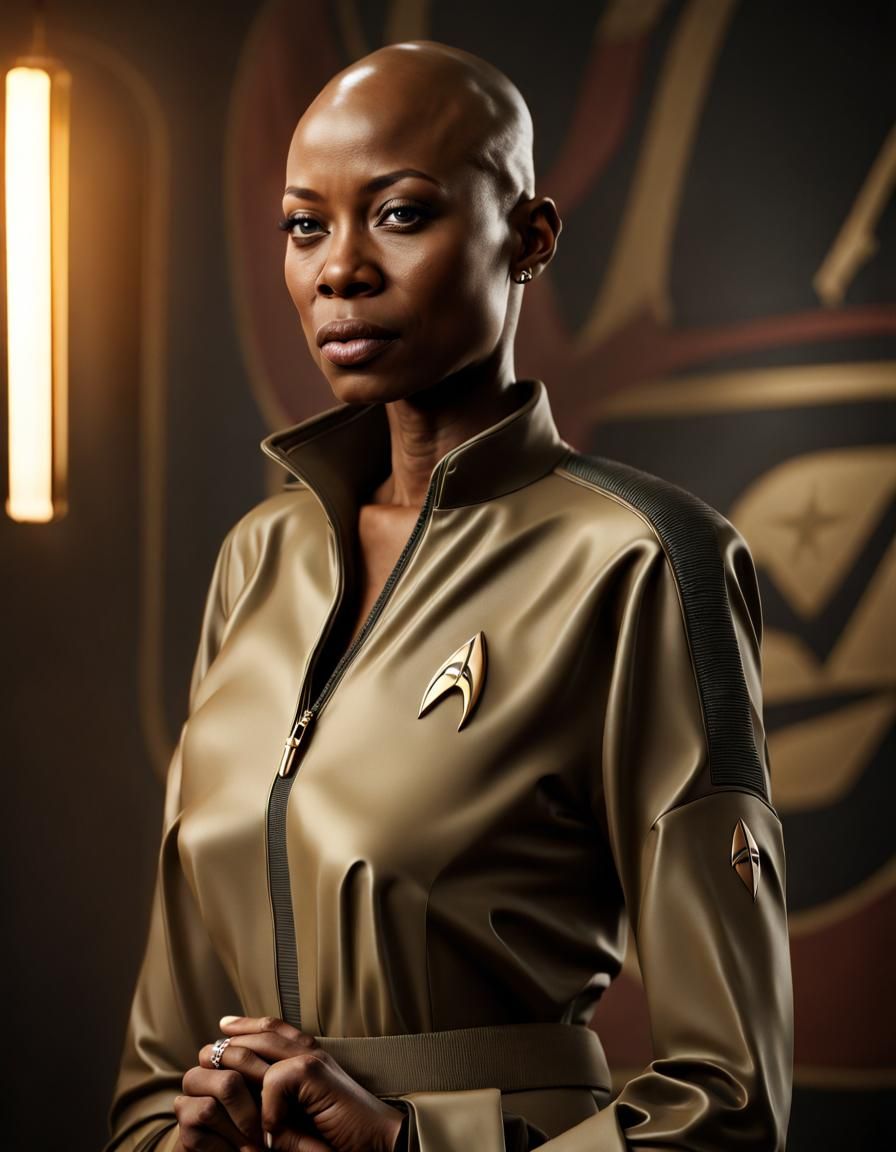 Bald Woman in Star Trek Jumpsuit: Hyperrealistic Portrait