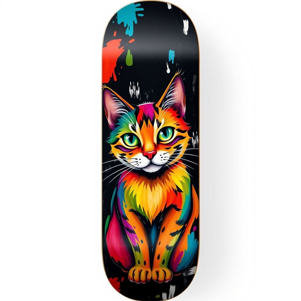 Whimsical Cat Skateboard Deck in Gouache Style
