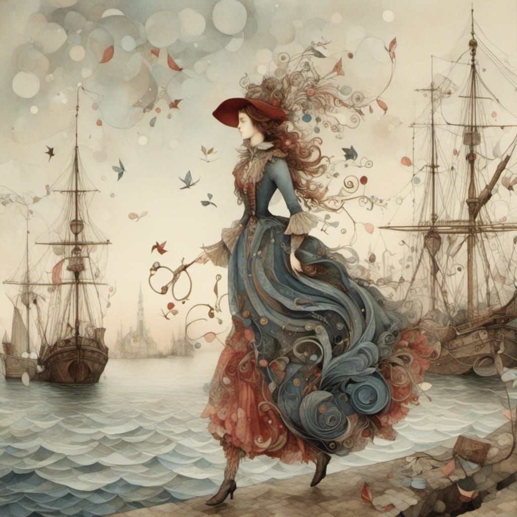 Whimsical Woman Walking on the Harbor