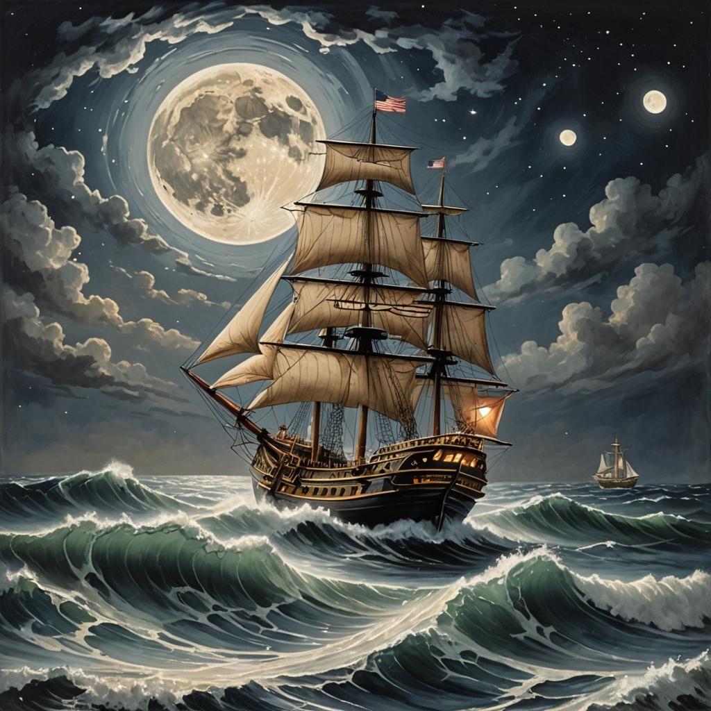 Vintage Ship Sailing Under Moonlight