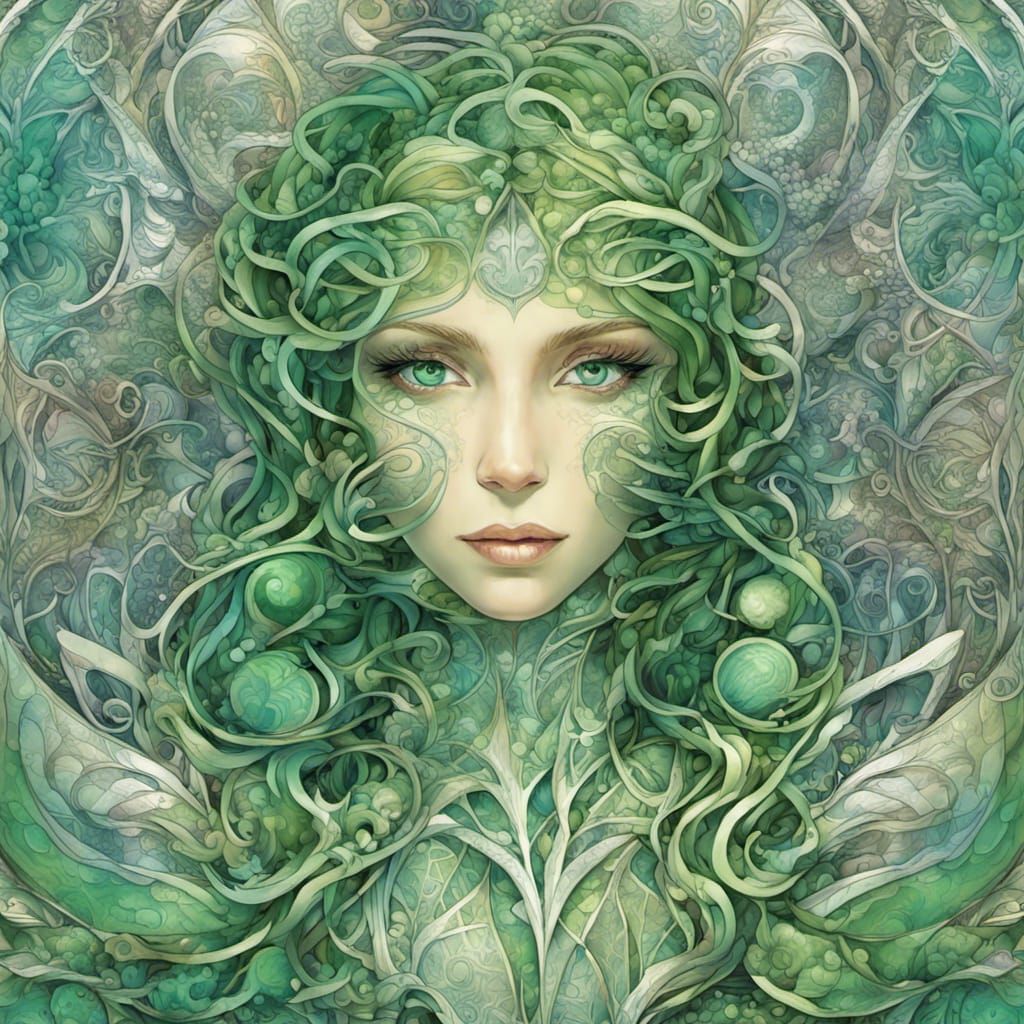 Art Nouveau Mermaid with Expressive Green Eyes