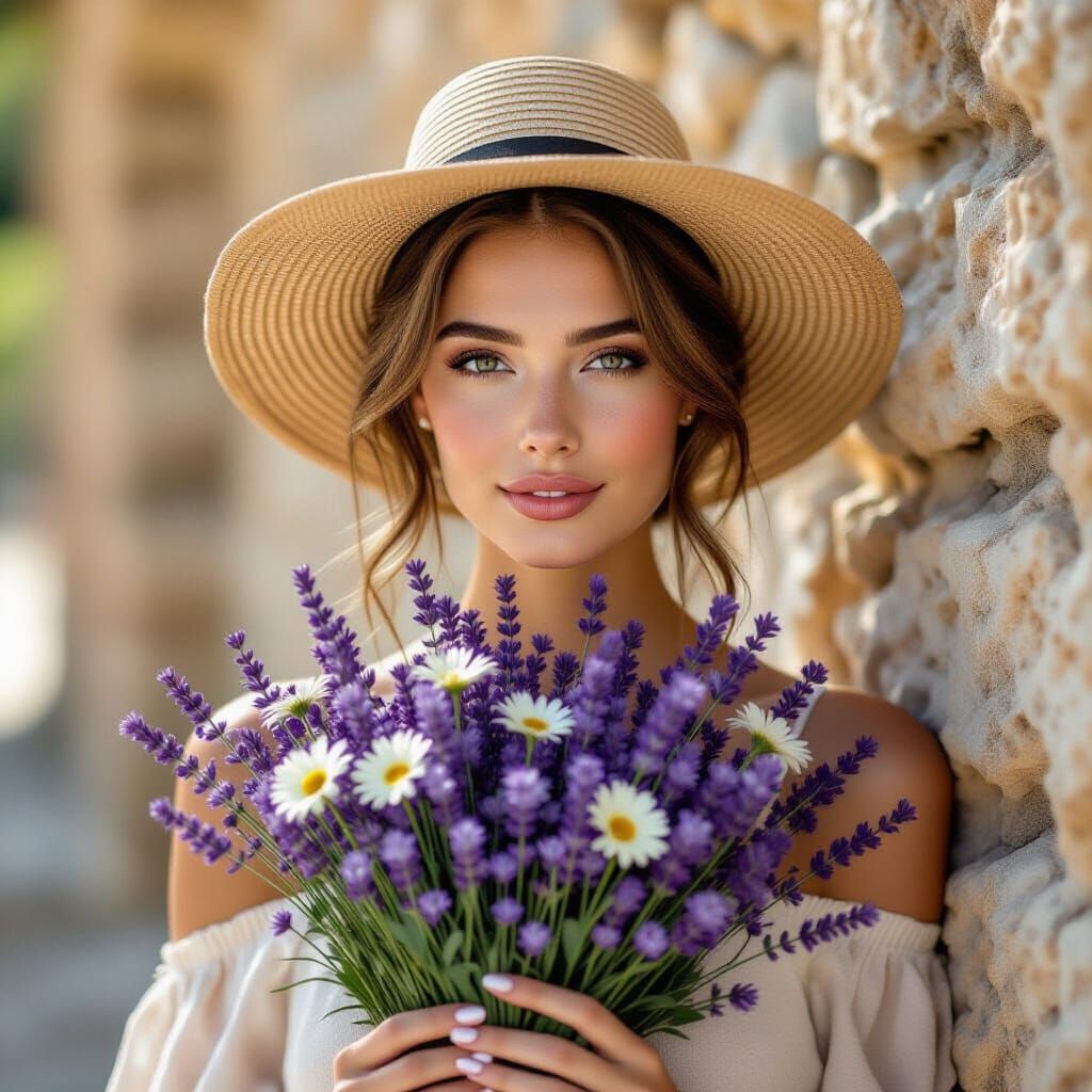Impressionist Portrait of Woman with Lavender Bouquet