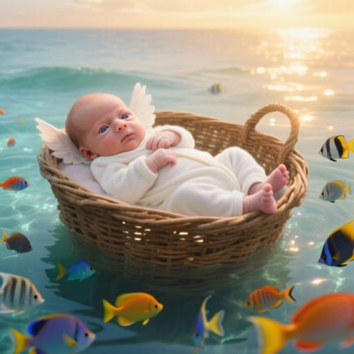 Newborn Baby in Wicker Basket on Ocean Waters at Golden Hour