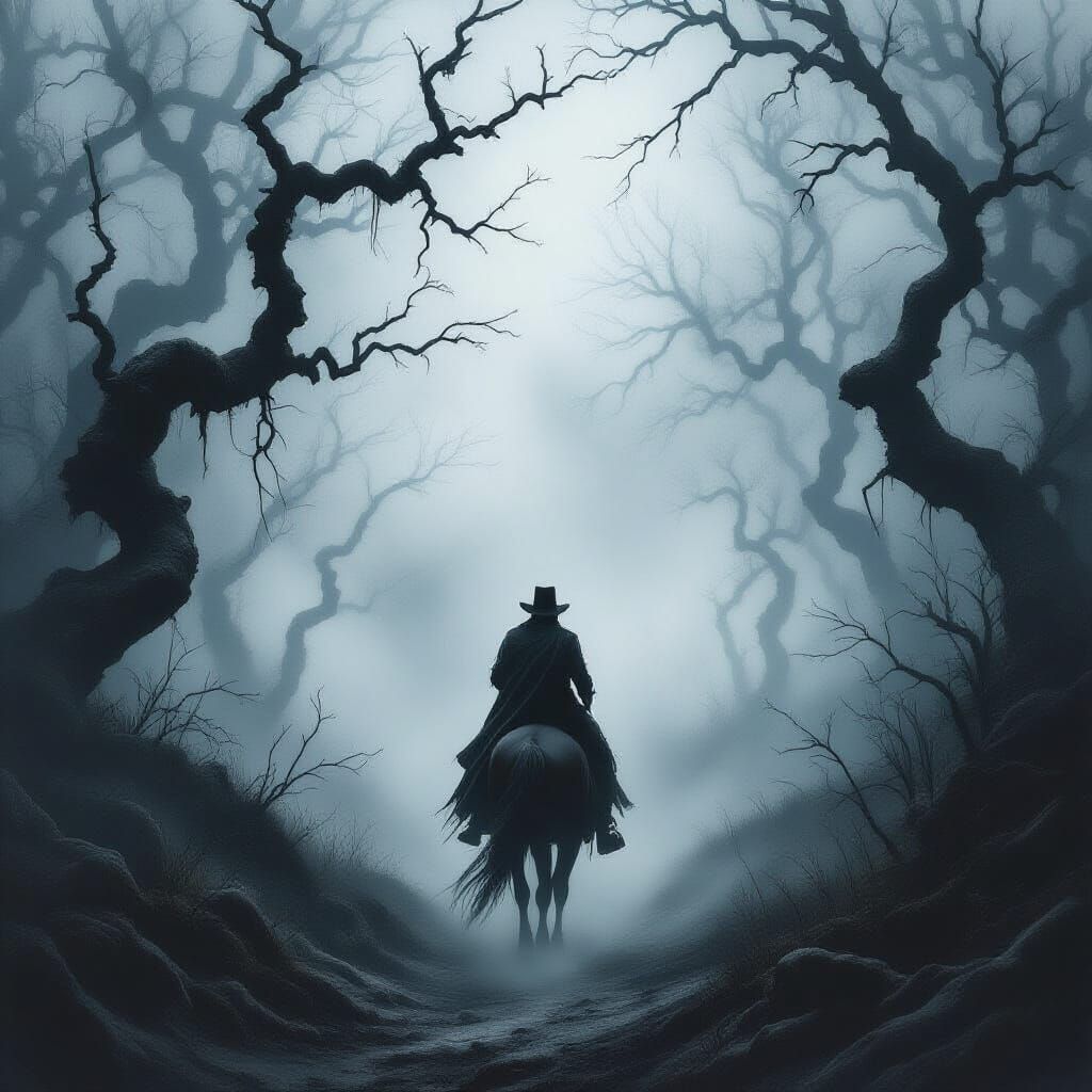Eerie Victorian Rider in Misty Forest