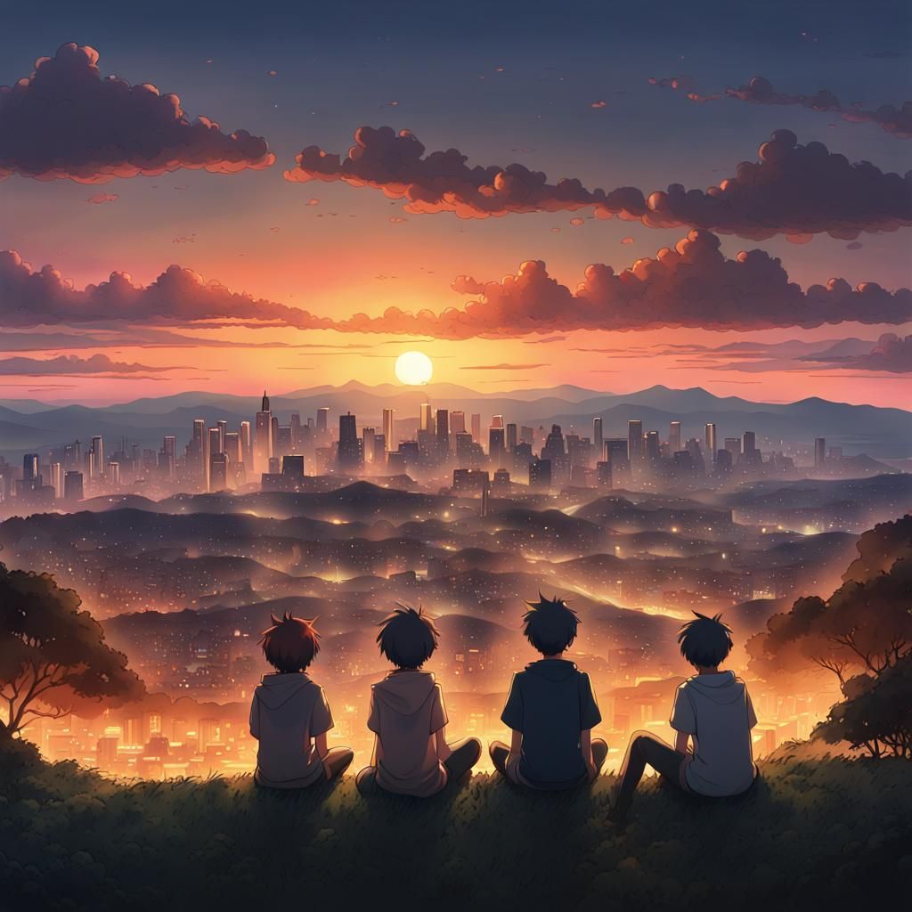 Lofi Anime Sunset Over Japanese Suburb