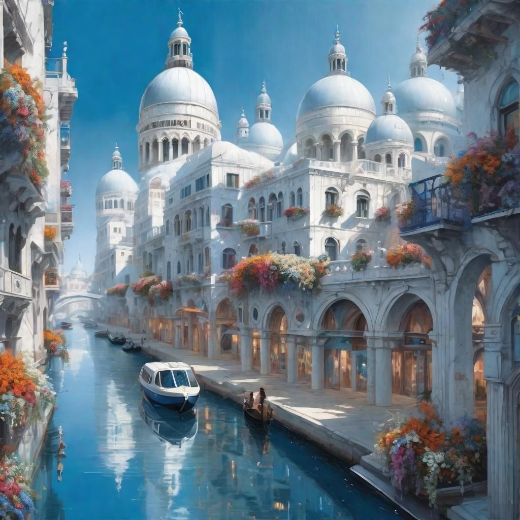 Utopian Cityscape in White and Indigo Hues