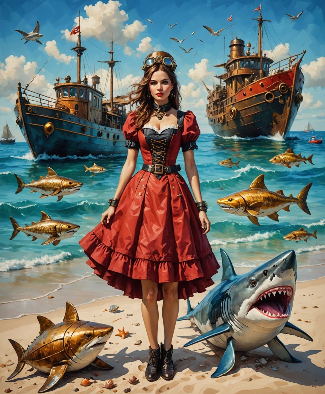 Steampunk Beach Vacation Scene with Shark in a Red Dress