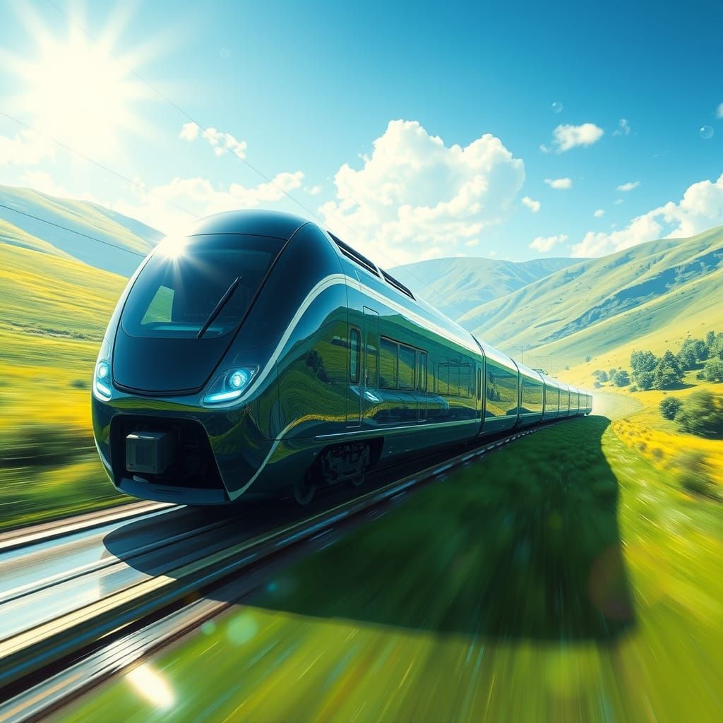 Futuristic Transparent Train in Lush Green Valley