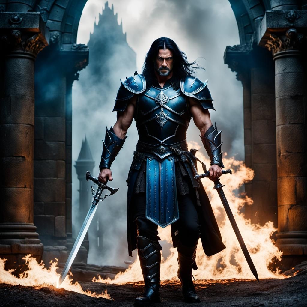 Heroic Knight Slayer in Dark Armor with Magic Sword