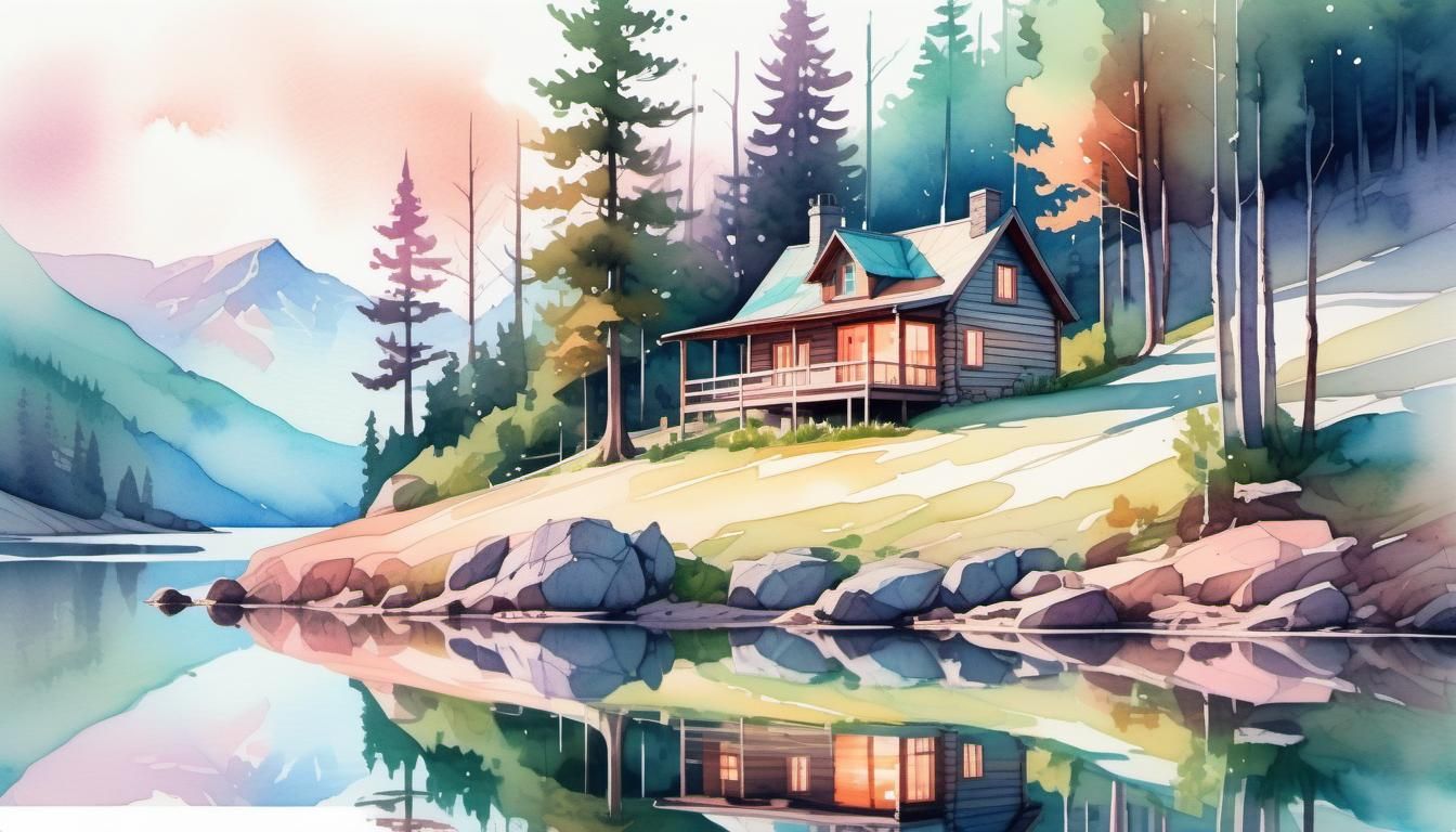 Cabin on Wooded Hill in Watercolor Style