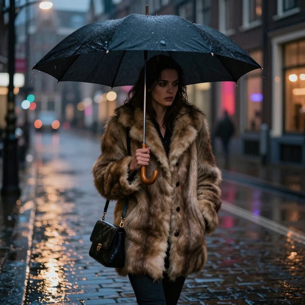 Woman Walks in Rainy Amsterdam Night, Hyperrealistic Splash ...