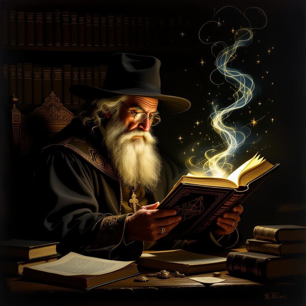 Scholar Studying Forbidden Tome in Golden Light