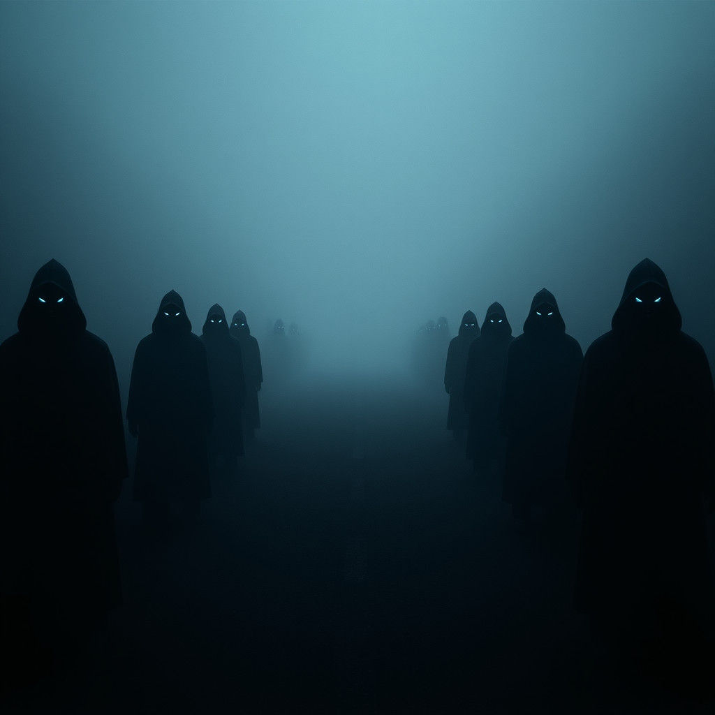 Eerie Hooded Figures on Foggy Road