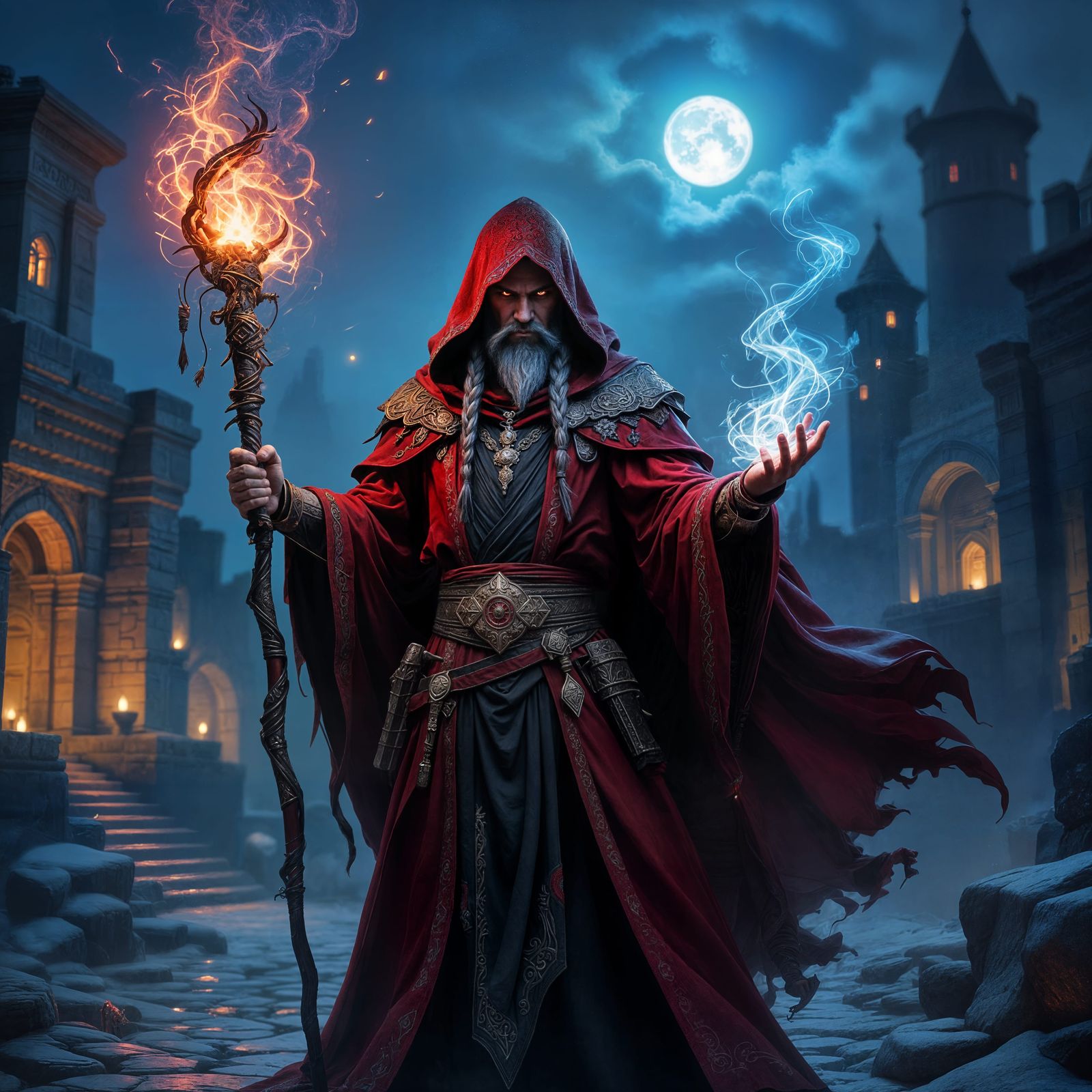 Muscular Warlock with Magic Staff in Ancient City