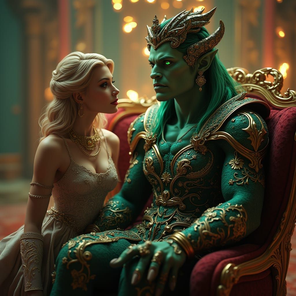 Regal Orc Queen in Grand Throne Room with Elegant Human Cour...