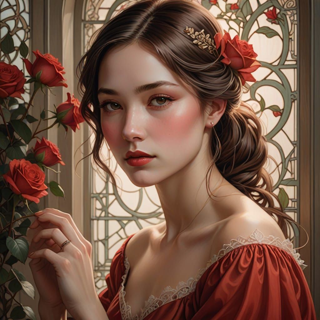realistic, beautiful young woman, shyly looks at the viewer,...