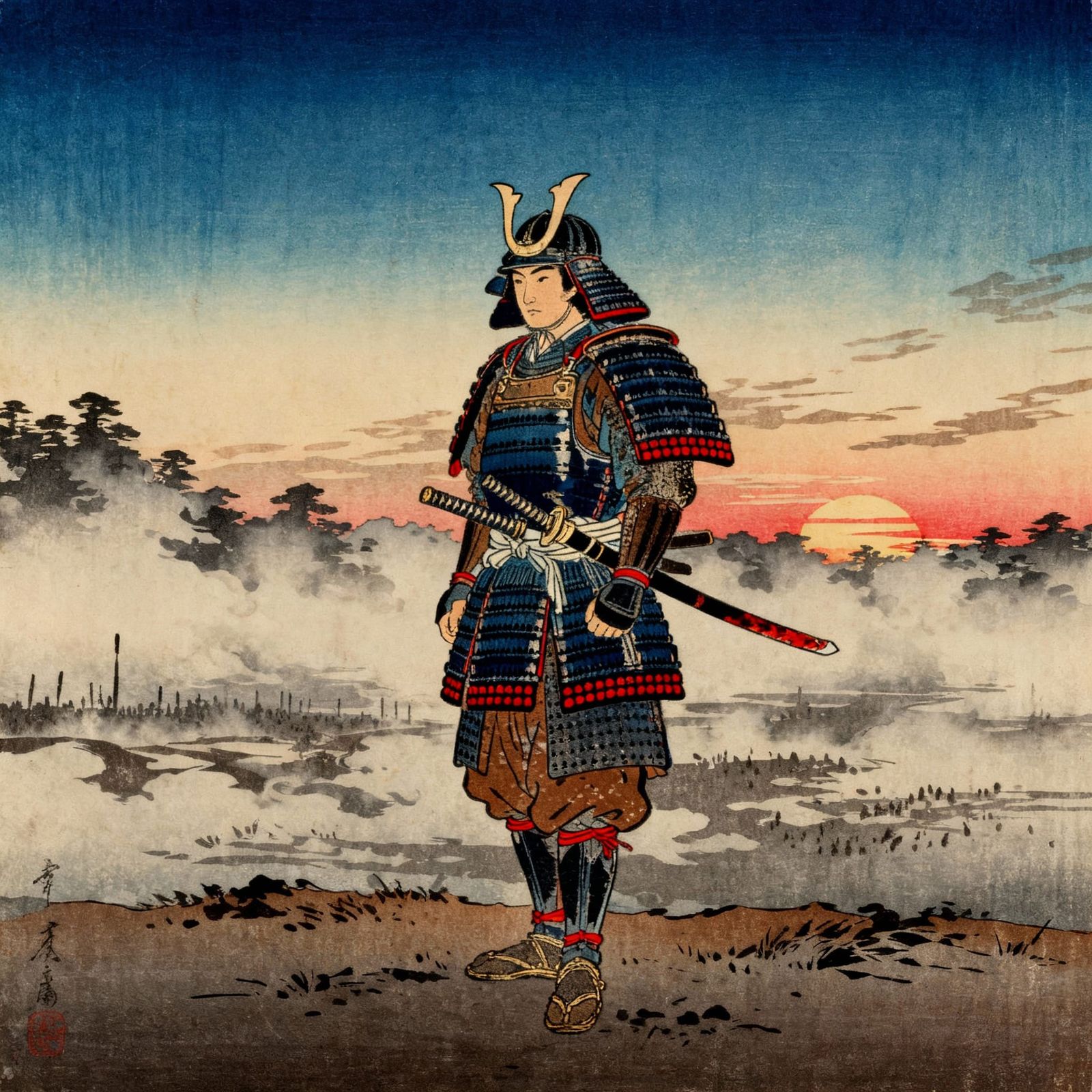 Lone Samurai on Mist-Shrouded Battlefield in Ukiyo-e Style