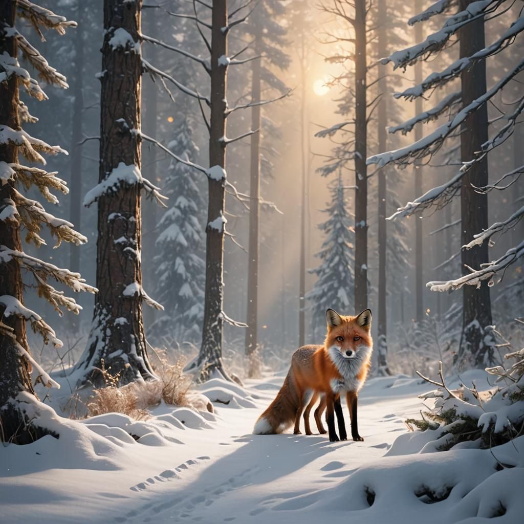 Red Fox in Snowy Forest: Fantasy Concept Art