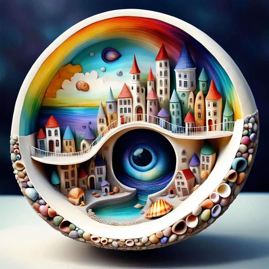 Tiny Happy City Inside a Shell: Impasto Fantasy