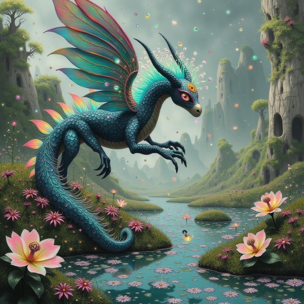Majestic Dragon Surrounded by Glittering Bubbles in Whimsica...