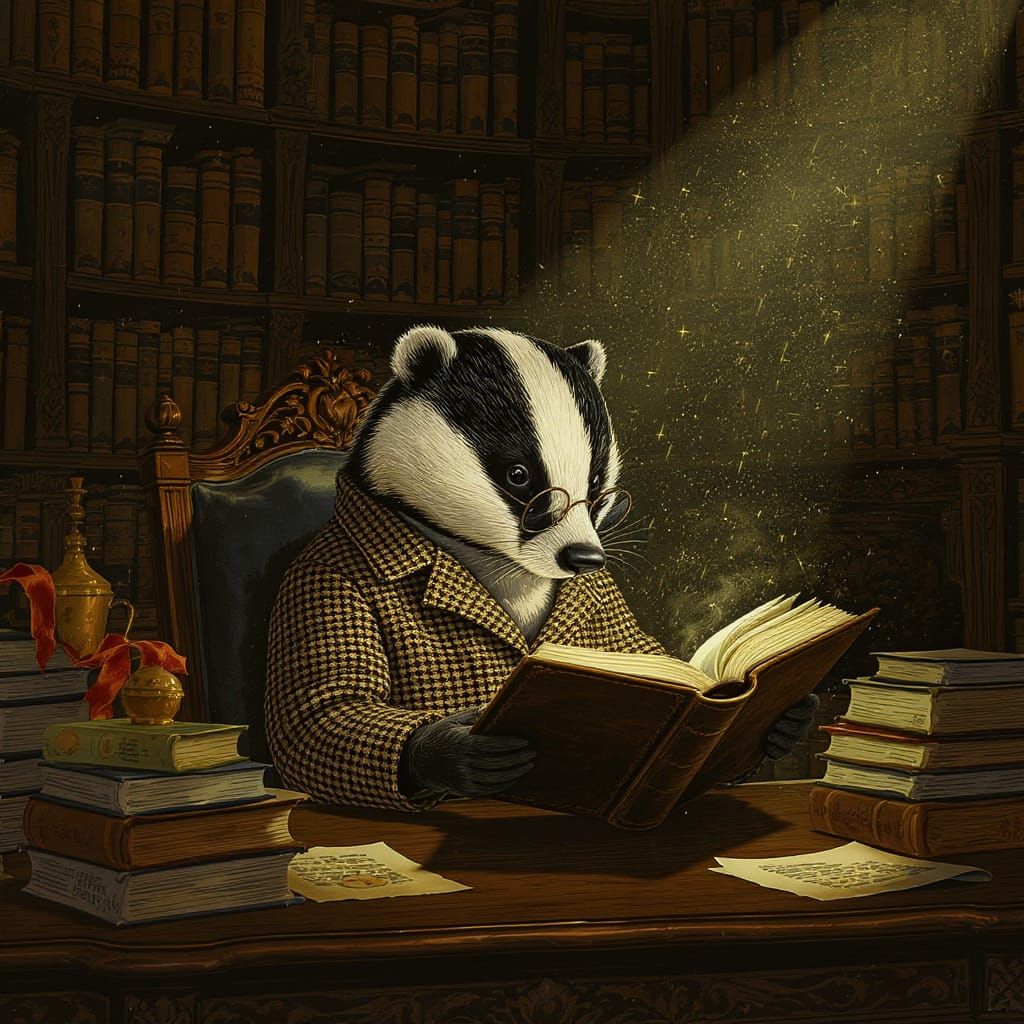 Badger Reading in Antique Study, Storybook Illustration
