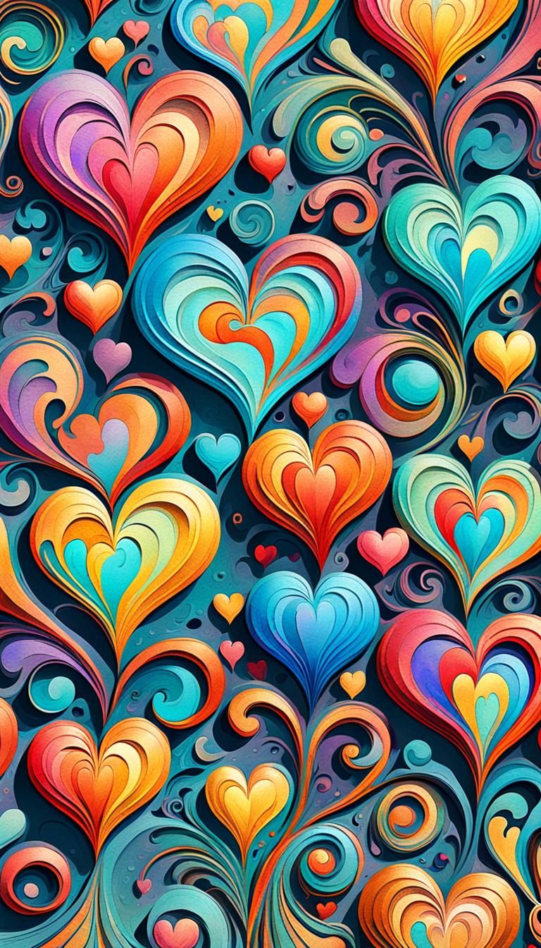 Psychedelic Swirly Hearts in Pastel Watercolor Style