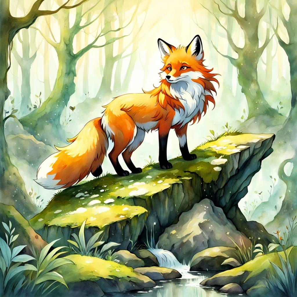 Whimsical Fantasy Fox in Watercolor