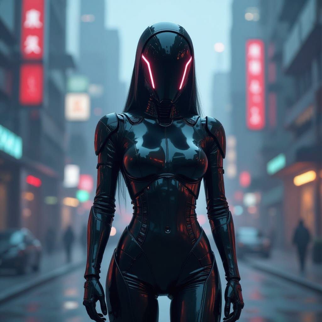 Futuristic Robot in Cityscape with Sleek Metallic Textures