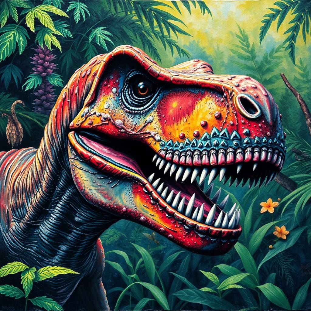 Tyrannosaurus Rex Impasto Portrait in Jungle Setting